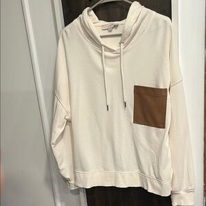 Cream Hoodie with Brown Faux Leather Pocket